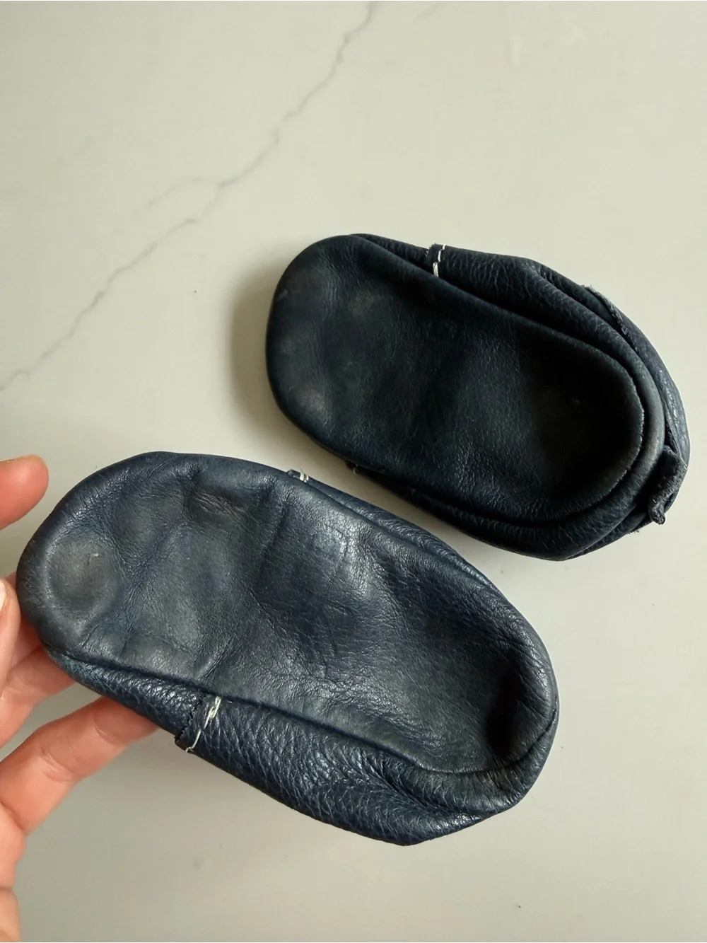 Freshly Picked Navy Blue Leather Baby Moccasins with Tan Laces